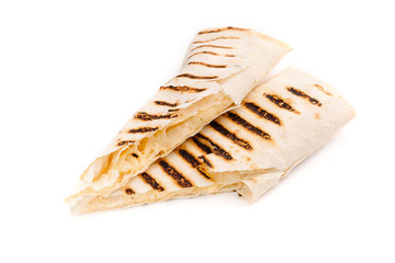 Grilled pita with cheese isolated on white background.