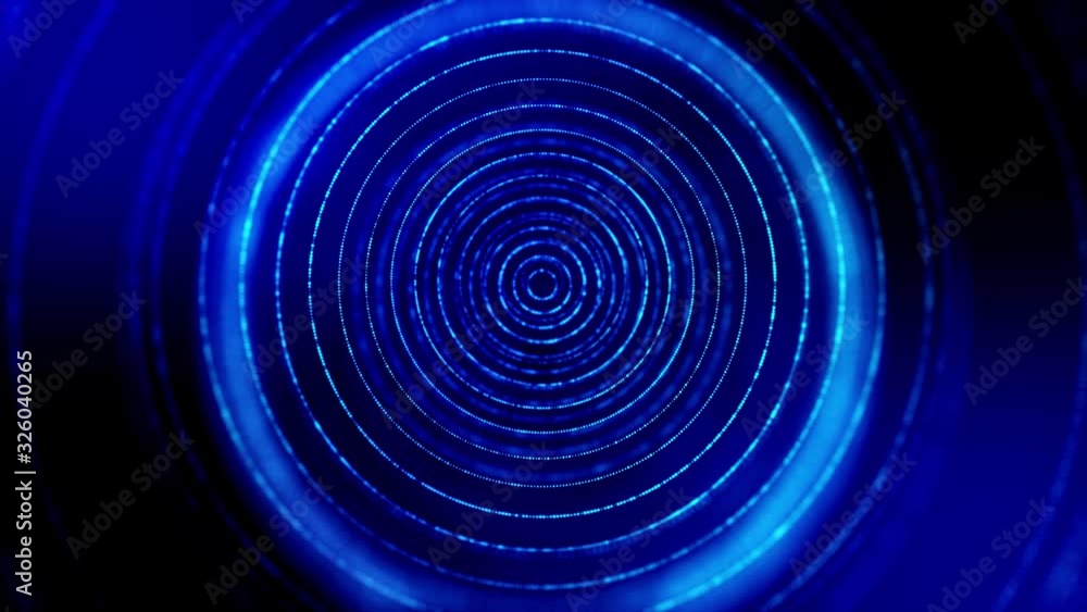 Poster 4k seamless looped science-fiction blue background with radial structures, particles oscillate and m