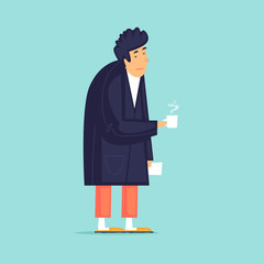 Morning, a man in a bathrobe with coffee, fatigue. Flat design vector illustration.