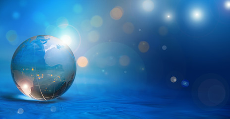 Fototapeta na wymiar Blue earth ball globe with continent europe and africa on blue bokeh sphere background. Business finance science world space 2024 new year.