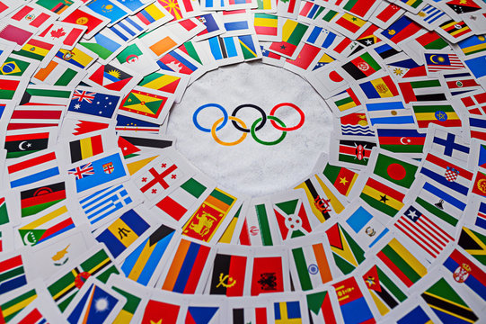 PARIS, FRANCE, FEBRUARY 25. 2020: Olympic background, all world flags, colorful wallpaper