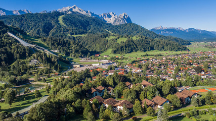 Droneshot of garmisch partenkirchen with the ski jump