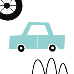 Cute car with abstract elements. For kids prints, clothes, posters, cards designs. Vector illustration for baby boys. Modern Scandinavian style
