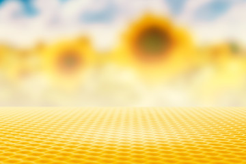 Honeybee Wax Golden Foreground for Products Display on Blurred Sunflowers Field Background