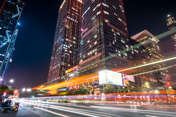 Fototapeta na wymiar Speed effect of city night in Shenzhen Financial District..