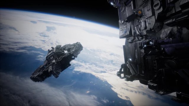 highly detailed huge spaceship approaching to the Earth. elements of this image furnished by NASA