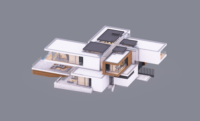 3d rendering of modern cozy house by the river with garage and pool for sale or rent in evening with cozy light from window. Isolated on gray