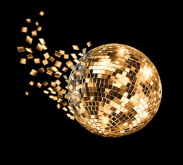 Golden disco mirror ball breaking into fragments