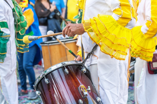 The drummer plays the rhythm of the march at the carnival. Portugal Brazil