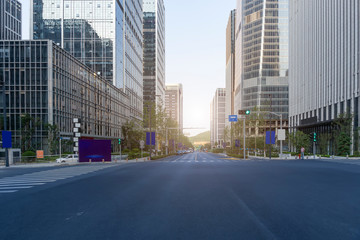 Urban road and modern office building of Ningbo business district