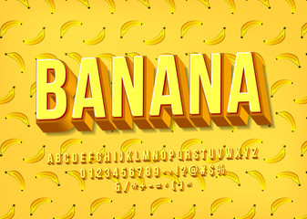 Yellow banana Alphabet. Vector 3D layered typeface. English letters, numbers, symbols