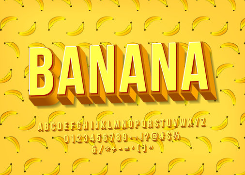 Yellow banana Alphabet. Vector 3D layered typeface. English letters, numbers, symbols