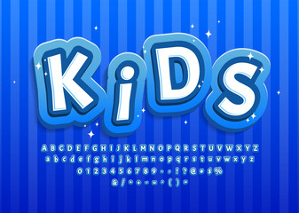 Cartoon kid alphabet blue for decoration design. . Lettering typography. Text font. Numbers, symbols. Vector