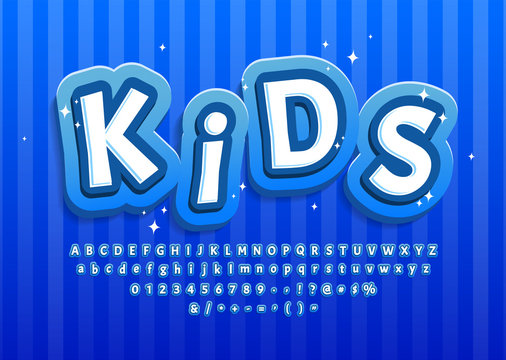 Cartoon kid alphabet blue for decoration design. . Lettering typography. Text font. Numbers, symbols. Vector