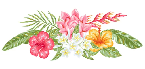 Poster Decoratief element met tropische bloemen en bladeren. © incomible