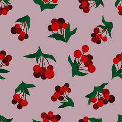 Red berries and green leaves on red background. Vector seamless pattern.  Botanical illustration