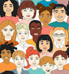 Kid's diversity head portraits line drawing doodle poster seamless pattern