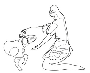 One continuous line drawing of pet lover and dog. Girl embracing her domestic animal.