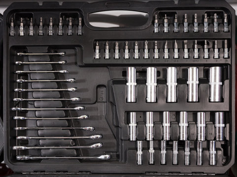 Closeup toolkit set of manual tools in box