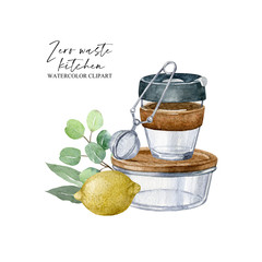 Zero waste watercolor travel kitchen concept isolated on white background. Reusable coffee cup, glass container, metal tea strainer, lemon, eucalyptus. No plastic, organic, eco-friendly lifestyle.