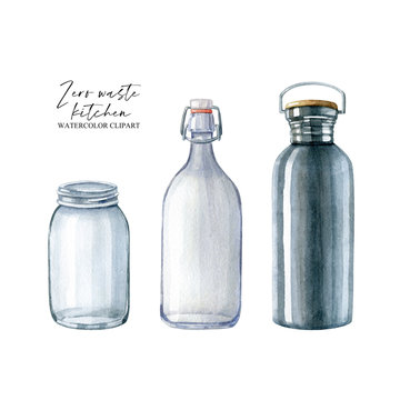 Set of zero waste reusable bottles and glass jar. Glass water bottle with tight-fitting stopper, metal thermos, empty glass jar. Plastic-free, eco-friendly, organic concept. Watercolor illustration