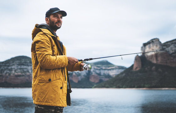 Fishing As Holiday. Hobby and Recreation. Fisherman in Formal Suit.  Successful Catch. Friends Fishing Stock Photo - Image of river, holiday:  160863830