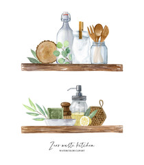 Zero waste kitchen watercolor concept. Eco-friendly items are on the wooden shelves. Wooden cutlery, utensil, glass dispenser, jute washcloth, greenery. No plastic, organic, waste free lifestyle.