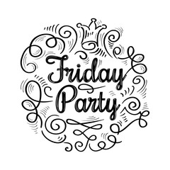 Friday party - black and white ornate decorative emblem