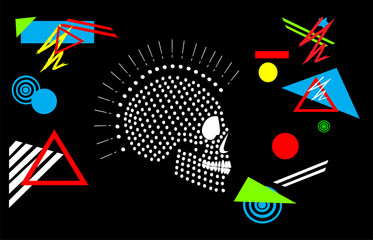 Skull icon with dots Mohawk and geometric vector background 