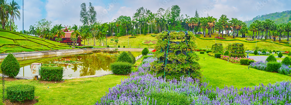 Sticker Panorama of lush greenery in Rajapruek park, Chiang Mai, Thailand