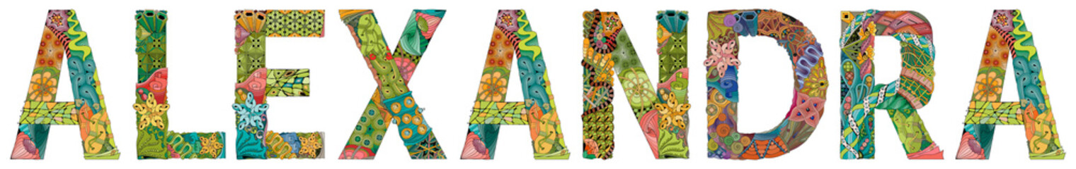 Female name Alexandra. Vector decorative zentangle object