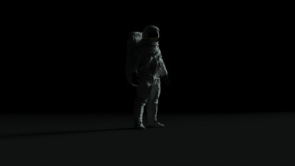 Fototapeta na wymiar Astronaut with Gold Visor and White Spacesuit Back Light With Dark Grey Background with Back Side Lighting Quarter View 3d illustration 3d render