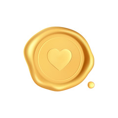Wax seal with heart. Gold stamp wax seal with heart silhouette isolated on white background. Golden stamps for a gift certificate, a postcard, a wedding invitation card. Realistic 3d vector icon.
