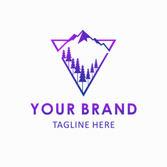 modern adventure logos and mountains along with cypress trees. triangle and blue logo