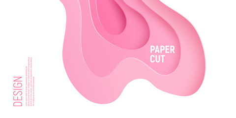 Pink paper cut banner with 3D slime abstract background and pink waves layers. Abstract layout design for brochure and flyer. Paper art vector illustration