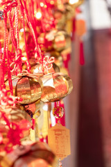 Chinese bell at Wen Wu Temple with prayers which means good luck Good health, prosperity