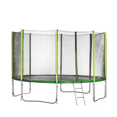 green trampoline with safety net on white background