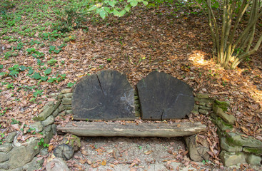 homemade wooden bench in autumn Park