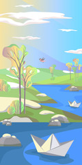 Fototapeta na wymiar Spring landscape with thaw, trees, meadows, river, paper boats, singing birds, blue sky and clouds, vector illustration in flat simple style, background for banner, postcard, poster and advertising