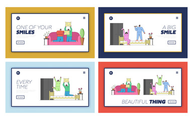 Fototapeta na wymiar People Home Pastime Website Landing Page Concept. People is Having Pillow Battle and Pajamas Party. Set Of Cartoon Web Pages Outline Linear Flat Vector Illustration