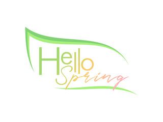 Hello Spring lettering in leaf shape, color isolated vector illustration for cards, ads, flyers, labels, posters, banners, and invitations