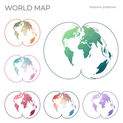 Low Poly World Map Set. American polyconic projection. Collection of the world maps in geometric style. Vector illustration.