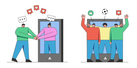 Social Media Friendship And Dating Concept. Picture Of Group Of Teenagers In Mobile App. Friends Are Communicating In Social Media Using Smartphones. Cartoon Outline Linear Flat Vector illustration