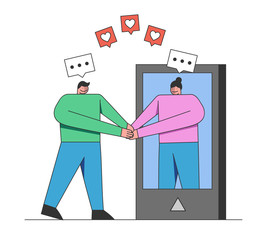 Romance, Virtual Relationship, Communication, Social Media Concept. Boy Is Communicating and Searching Girlfriend On the Internet. Cartoon Outline Linear Flat Vector illustration