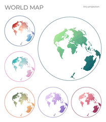 Low Poly World Map Set. Airy's minimum-error azimuthal projection. Collection of the world maps in geometric style. Vector illustration.