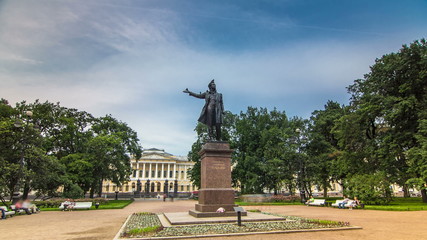 Monument to Alexander Pushkin timelapse  on Ploshchad Iskusstv Arts Square in St.-Petersburg, Russia