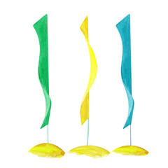 Hand drawn blue, green and yellow watercolor beach flags in sand islated on white background. Promotion feather flags for any events.