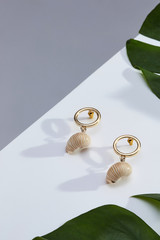 Subject shot of a pair of stud earrings on the white and gray surface surrounded with green tropic leaves. Each earring is made as a golden ring with a sea-shell pendan with a golden trimming.