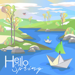 Fototapeta na wymiar Spring landscape with the inscription Hello spring, trees, meadows, river, paper boats, singing birds, blue sky and clouds, vector illustration in a flat simple style, banner, postcard, poster, adve