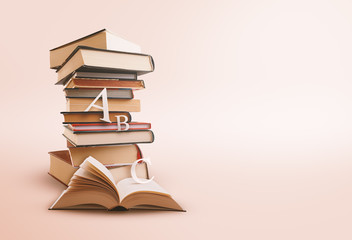 Pile of Books with Open Book and Paper Cut Letters on Light Background for Graphic Designs